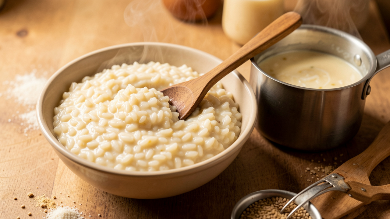 Bol de risotto crémeux aux grains bien séparés, accompagné d’une cuillère en bois et d’ingrédients de cuisine.