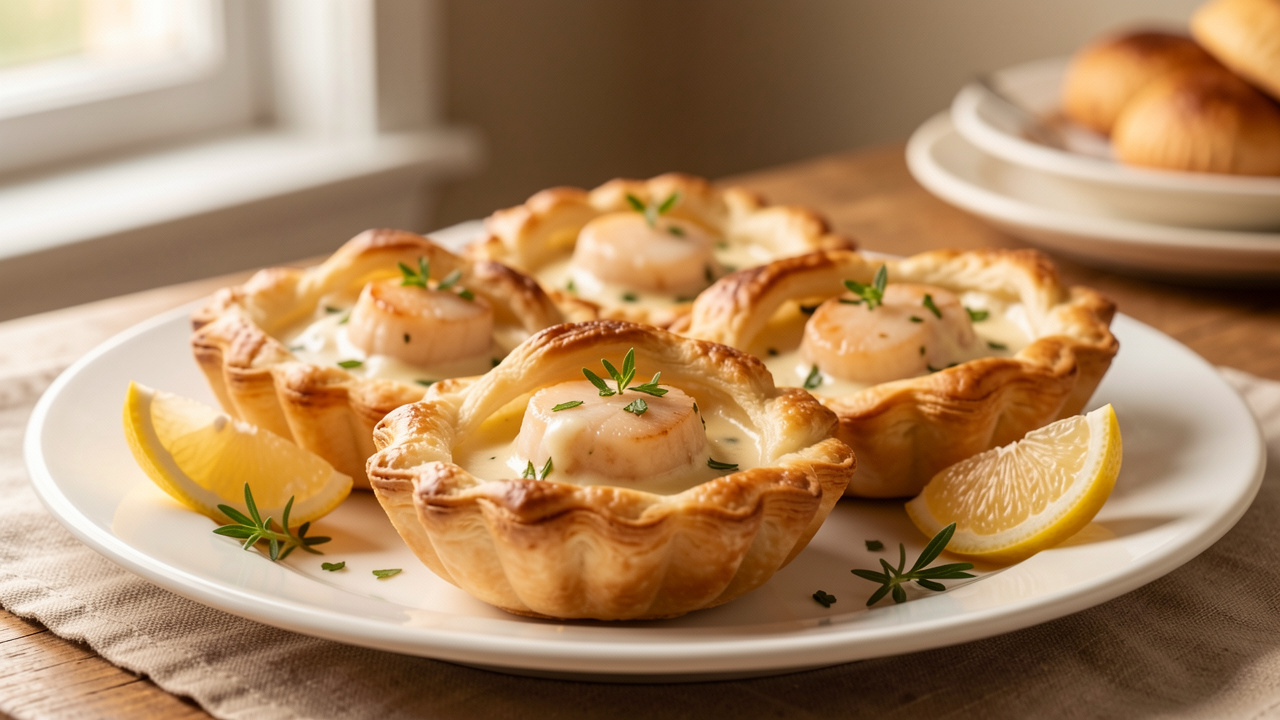 Coquille feuilletée dorée garnie de noix de Saint-Jacques dans une sauce crémeuse, présentée sur une assiette blanche avec des quartiers de citron et des herbes fraîches.
