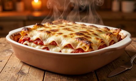 Plat de lasagnes maison fumantes avec un cœur chaud et une surface de fromage gratinée bien dorée.
