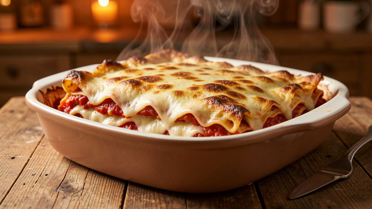 Plat de lasagnes maison fumantes avec un cœur chaud et une surface de fromage gratinée bien dorée.