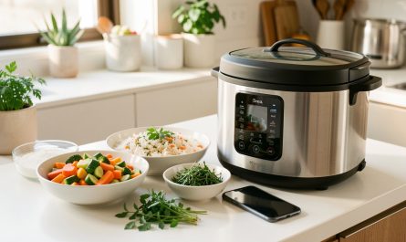 Un multicuiseur électrique connecté placé à côté d’un smartphone, avec un premier plat coloré de légumes, de riz et d’herbes dans une cuisine lumineuse.