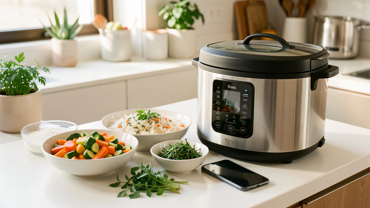 Un multicuiseur électrique connecté placé à côté d’un smartphone, avec un premier plat coloré de légumes, de riz et d’herbes dans une cuisine lumineuse.