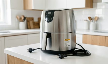 Air fryer moderne en acier posé sur un plan de travail lumineux, avec sa prise électrique visible et une étiquette de conformité vierge, dans une cuisine familiale sobre.