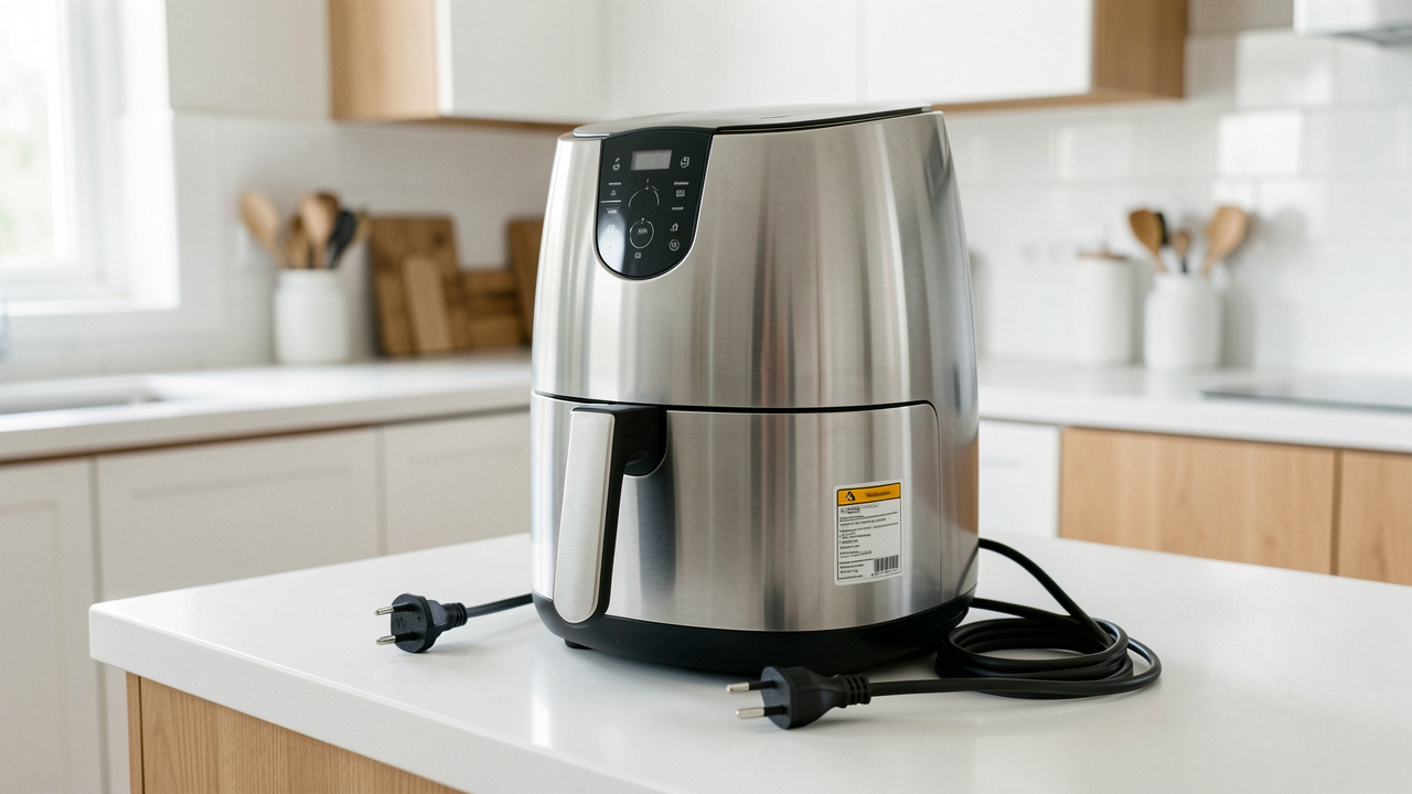 Air fryer moderne en acier posé sur un plan de travail lumineux, avec sa prise électrique visible et une étiquette de conformité vierge, dans une cuisine familiale sobre.
