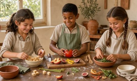Deux filles et un garçon préparent des croûtons, des fruits mûrs et des fanes sur une grande table en bois dans un atelier de cuisine anti-gaspillage lumineux et chaleureux.