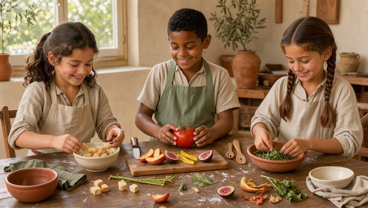 Deux filles et un garçon préparent des croûtons, des fruits mûrs et des fanes sur une grande table en bois dans un atelier de cuisine anti-gaspillage lumineux et chaleureux.