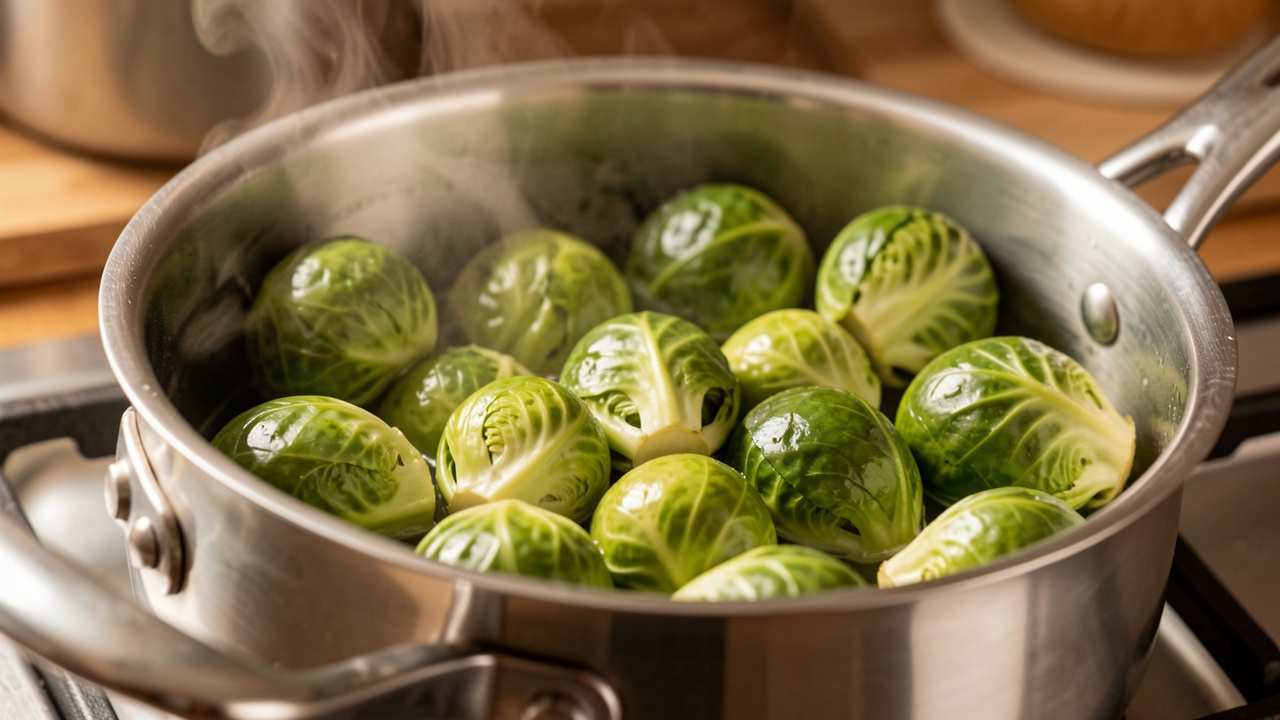Choux de Bruxelles verts, entiers et coupés en deux, cuisant doucement dans une casserole jusqu’à devenir fondants.